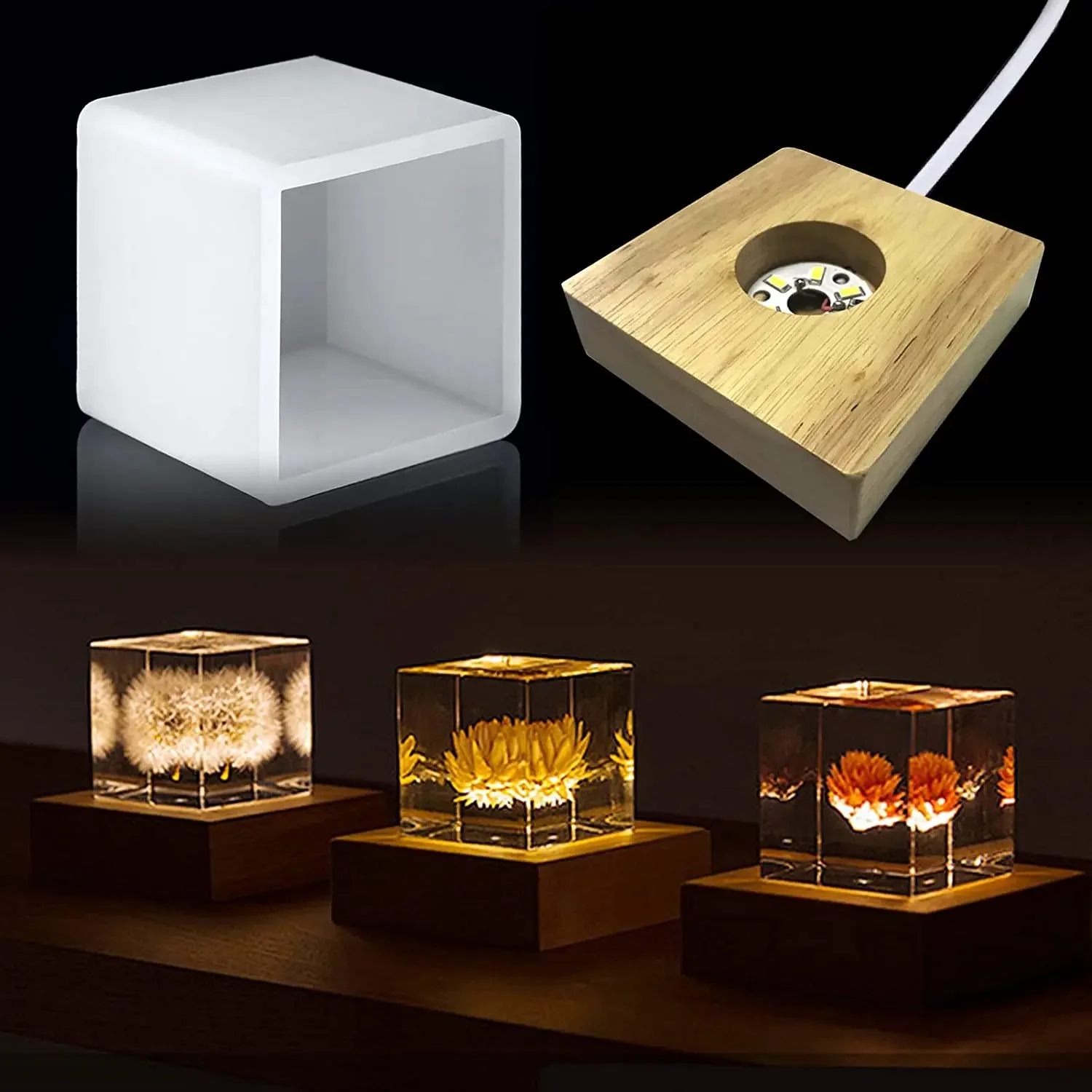 Resin Art With Wood - แม่พิมพ์เรซินแสงสี่เหลี่ยม, แม่พิมพ์ซิลิโคน LED สําหรับเรซิน, แม่พิมพ์ซิลิโคนเรซินพร้อมขาตั้งฐานไม้สําหรับงานศิลปะเรซิน