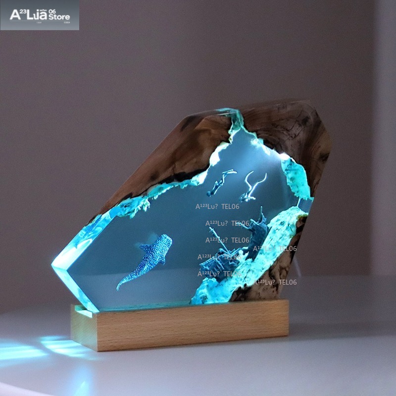 Resin Art With Wood - โคมไฟเรซิ่นไม้ รูปทรงมหาสมุทร ของตกแต่งโต๊ะทำงาน รูปฉลาม วาฬ เรืออับปาง