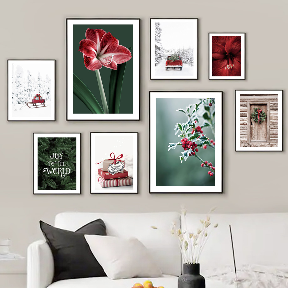 Resin Art Images - โปสเตอร์คริสต์มาส รถเลื่อน ดอกดาวเรืองสีแดง พวงหรีดประตูไม้ซีดาร์ ศิลปะติดผนังสไตล์สแกนดิเนเวียน ภาพพิมพ์ภาพวาดเพชร