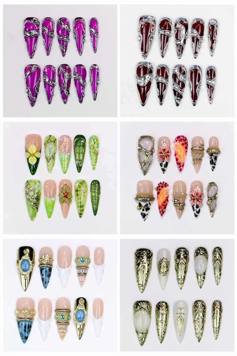 Resin Art Design - เล็บปลอมทรงสติเลตโต้ยาว 10 ชิ้น เคลือบเงา ลายดอกไม้สีม่วงเพ้นท์มือ สำหรับงานแต่งงานและงานอีเวนต์